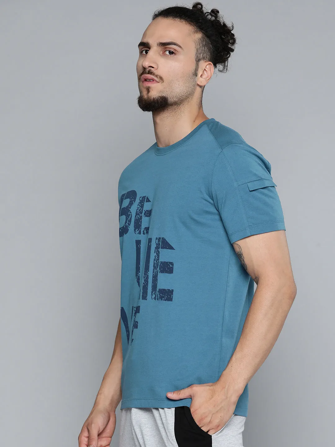 Alcis Men Teal Blue Typography Printed Slim Fit Gym T-shirt