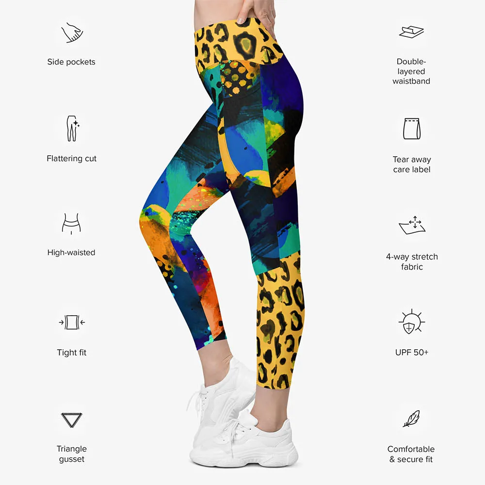 Recycled Animal Printed Leggings "Wild Canvas" Blue/Yellow with pockets