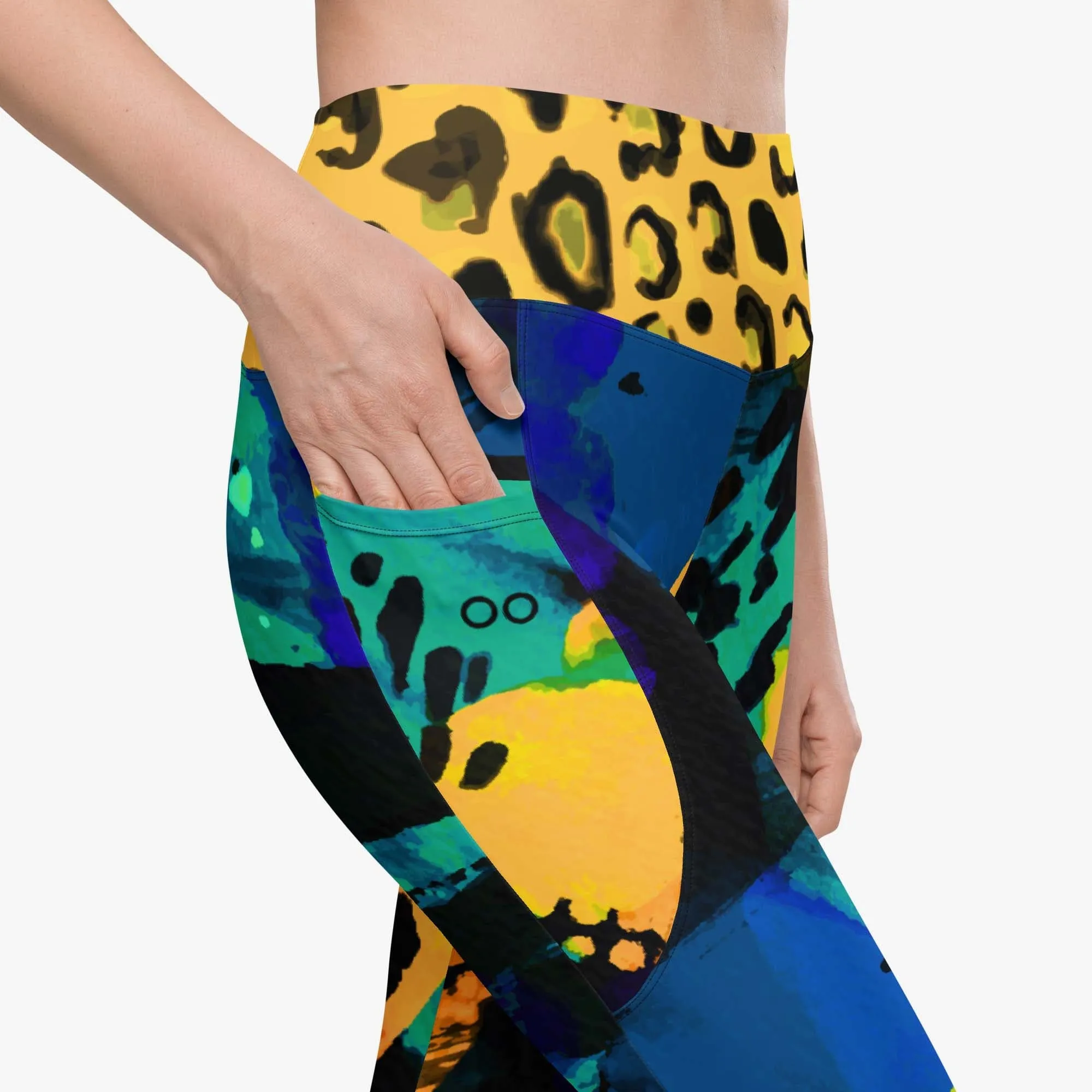 Recycled Animal Printed Leggings "Wild Canvas" Blue/Yellow with pockets