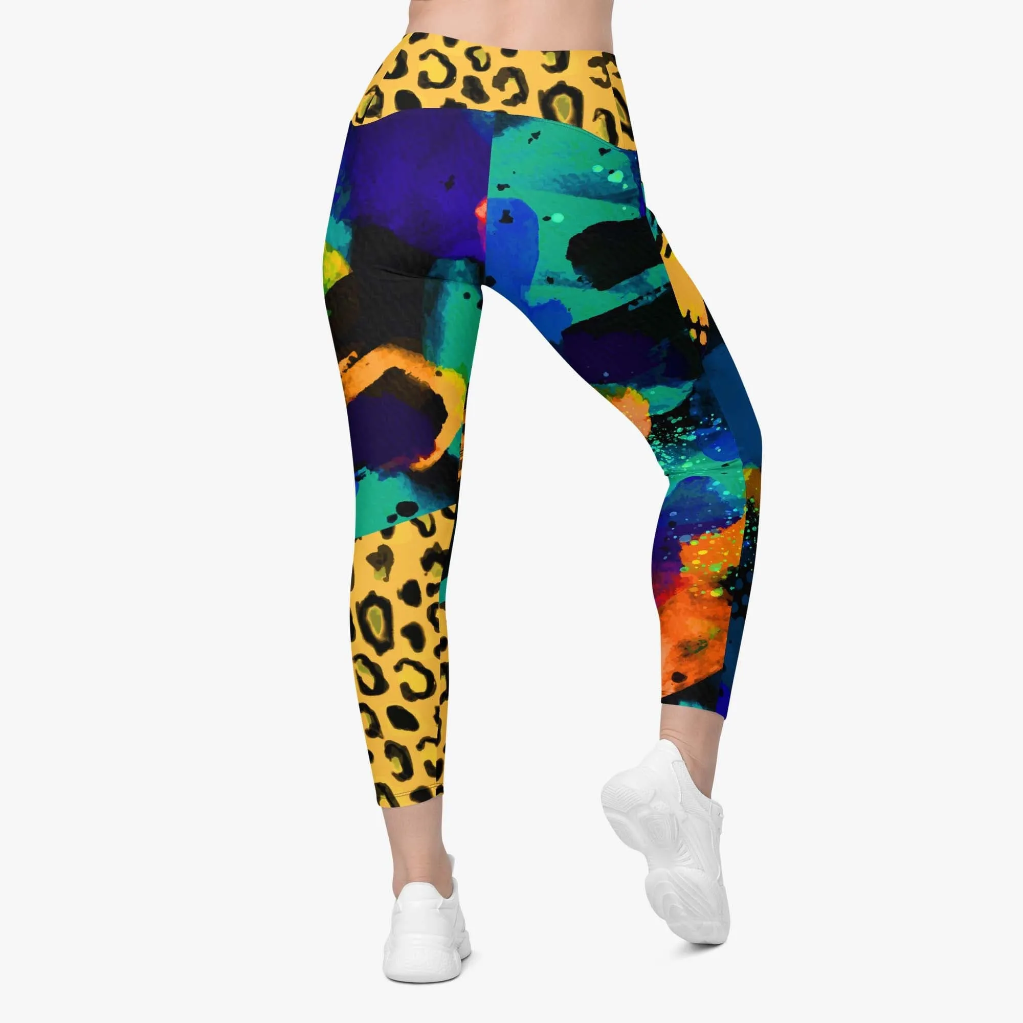Recycled Animal Printed Leggings "Wild Canvas" Blue/Yellow with pockets