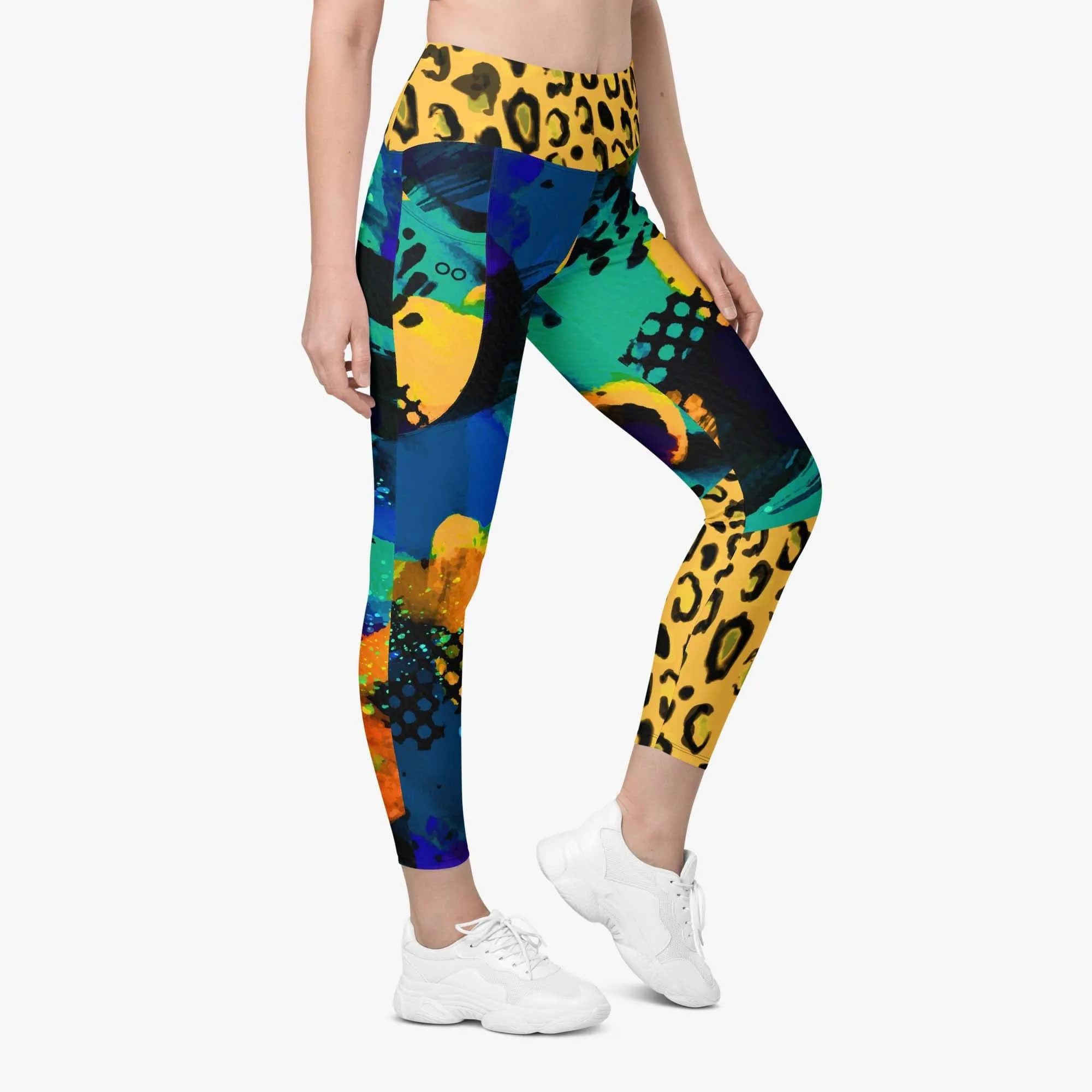 Recycled Animal Printed Leggings "Wild Canvas" Blue/Yellow with pockets